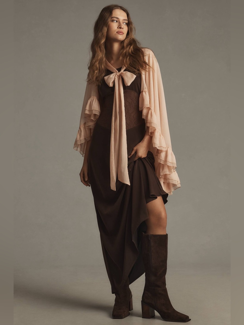 NWT WeWoreWhat Brown Lace-Panel Slip Dress - Picture 4 of 10